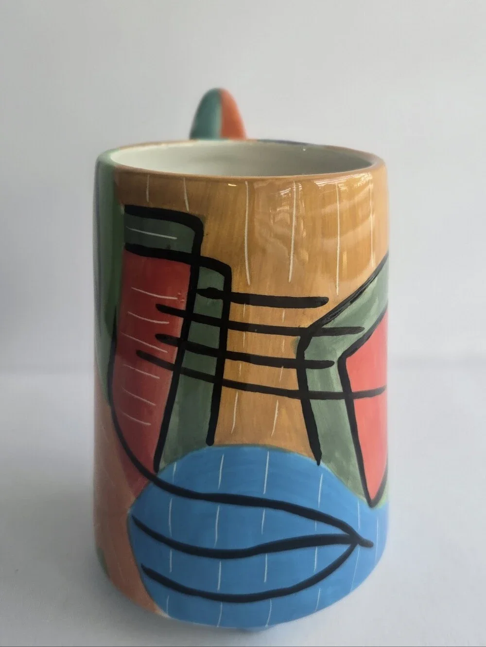 Hand-Painted Abstract Face Ceramic Mug in Orange and Teal